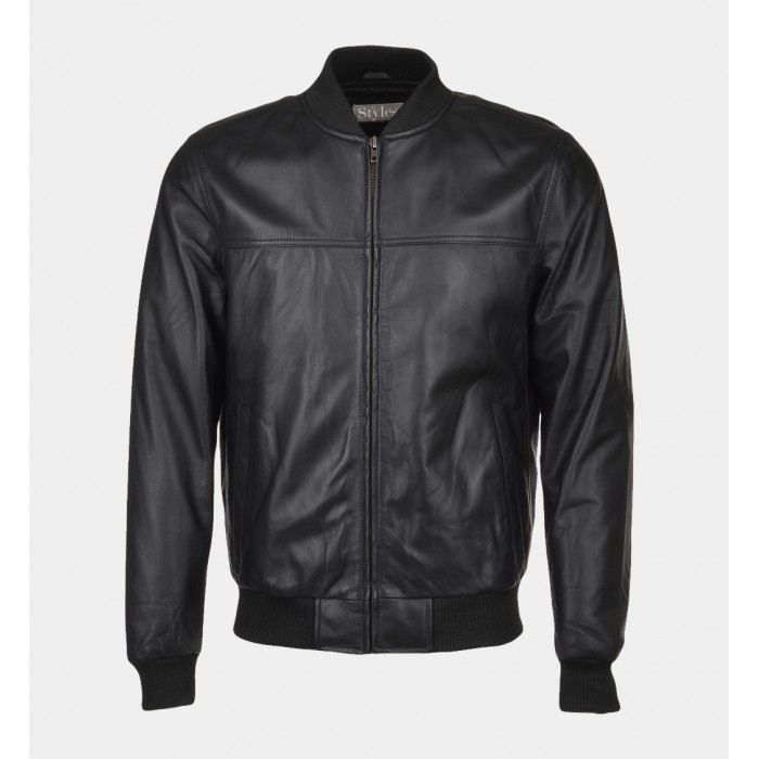 Men's Black Shiny Lamb Leather Bomber Jacket